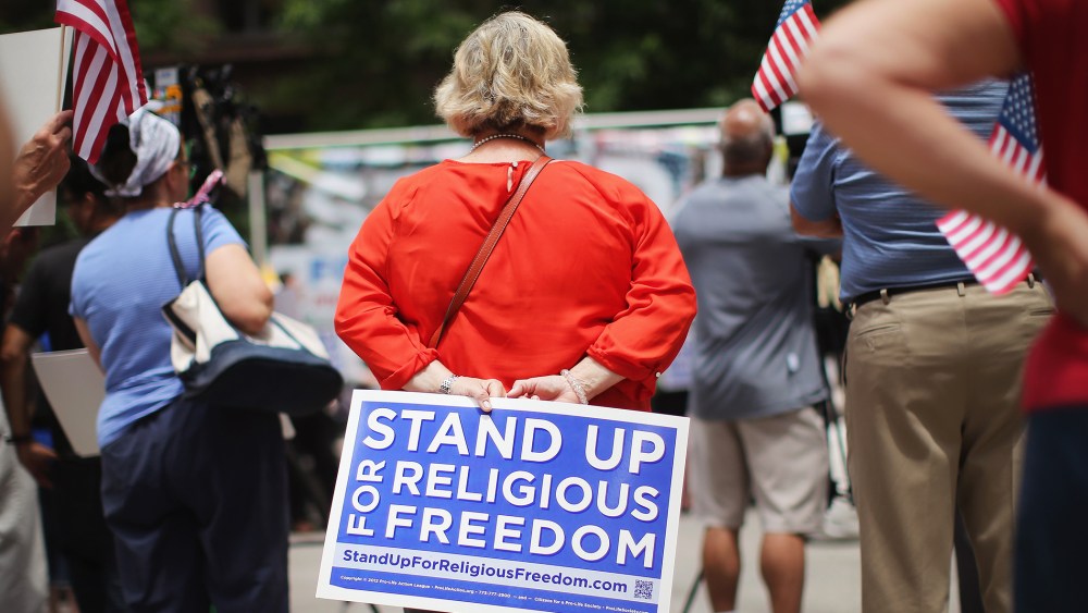 Religious freedom supporters hold a rally on June 30, 2014 in Chicago, Ill. (Photo by Scott Olson/Getty)