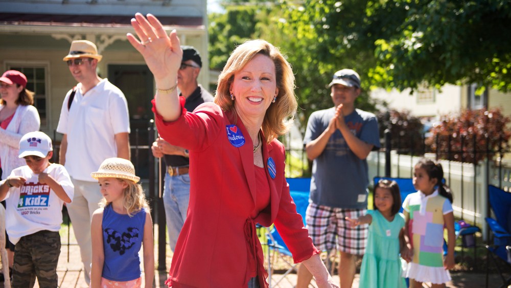 Barbara Comstock, Republican candidate for Virginia's 10th Congressional District, greets attendees of Leesburg's Independence Day parade, July 4, 2014.