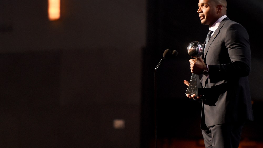 NFL player Michael Sam accepts the Arthur Ashe Courage Award onstage during The 2014 ESPYS at Nokia Theatre L.A. Live on July 16, 2014 in Los Angeles, Calif.