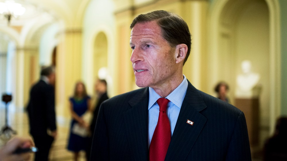 Sen. Richard Blumenthal, D-Conn., speaks with a reporter in the Capitol, July 22, 2014.