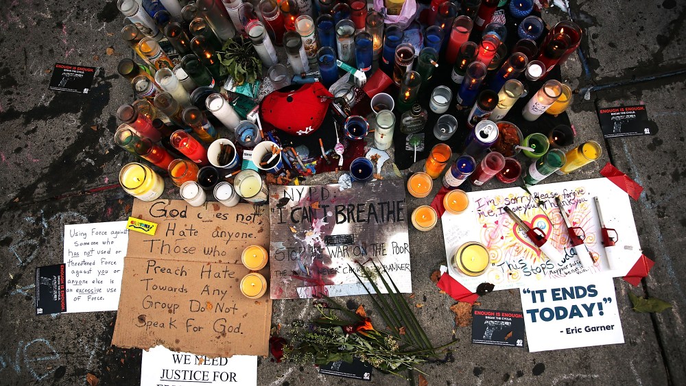 A growing memorial is viewed for Eric Garner near where he died after he was taken into police custody in Staten Island last Thursday on July 22, 2014 in New York City.