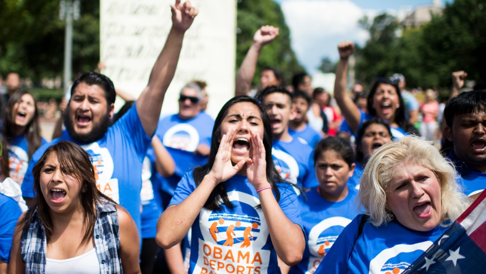 Immigration reform protesters with United We Dream chant in front of the White House, July 28, 2014. Photo by Bill Clark/CQ Roll Call/Getty.