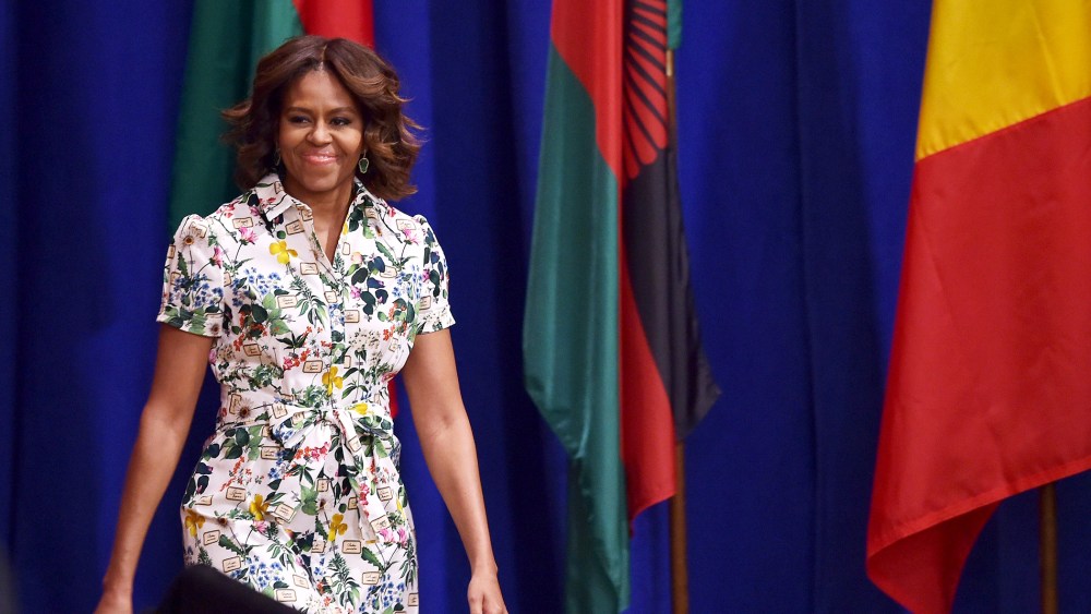 US First Lady Michelle Obama arrives to speak at the Washington Fellowship for Young African Leaders Presidential Summit on July 30, 2014.