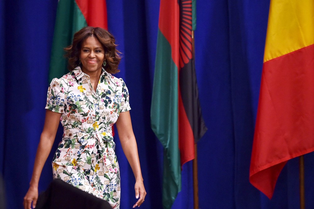 US First Lady Michelle Obama arrives to speak at the Washington Fellowship for Young African Leaders Presidential Summit on July 30, 2014.