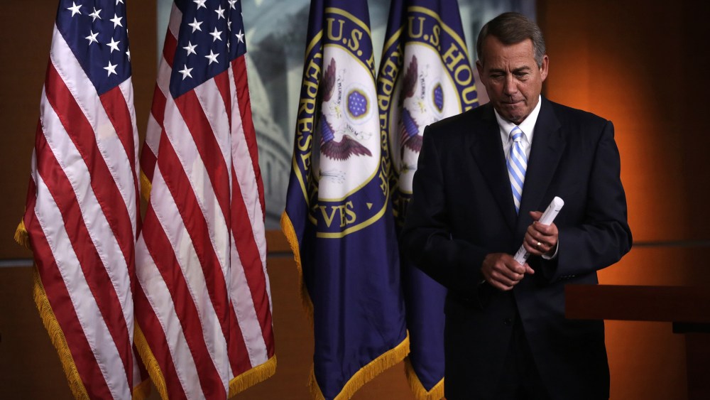 Speaker of the House Rep. John Boehner (R-OH) leaves after a press briefing on July 31, 2014 on Capitol Hill in Washington, DC.