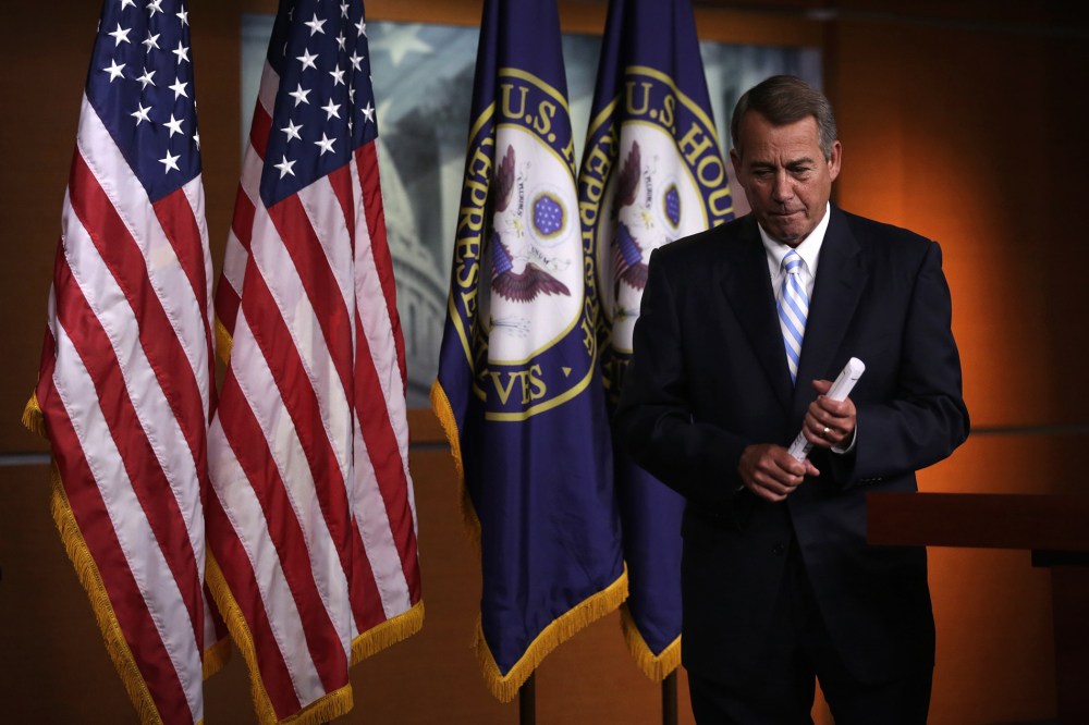 Speaker of the House Rep. John Boehner (R-OH) leaves after a press briefing on July 31, 2014 on Capitol Hill in Washington, DC.