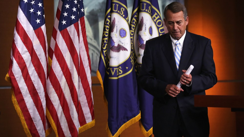 Speaker of the House Rep. John Boehner (R-Ohio) leaves after a press briefing July 31, 2014 on Capitol Hill in Washington, D.C.