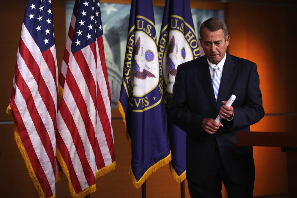 Speaker of the House Rep. John Boehner (R-Ohio) leaves after a press briefing July 31, 2014 on Capitol Hill in Washington, D.C.