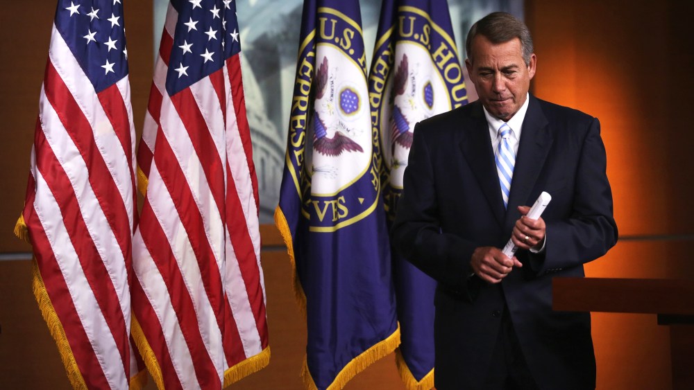 Speaker of the House Rep. John Boehner (R-Ohio) leaves after a press briefing July 31, 2014 on Capitol Hill in Washington, D.C. (Photo by Alex Wong/Getty)