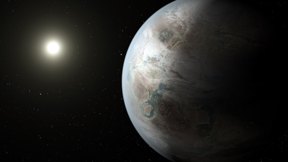An artist's concept depicts one possible appearance of the planet Kepler-452b.