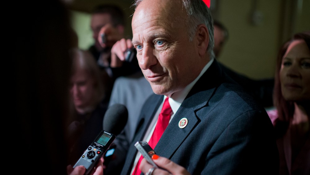 Rep. Steve King, R-Iowa, speaks with the media after a meeting of the House Republican caucus in the Capitol to discuss an immigration bill, Aug. 1, 2014.