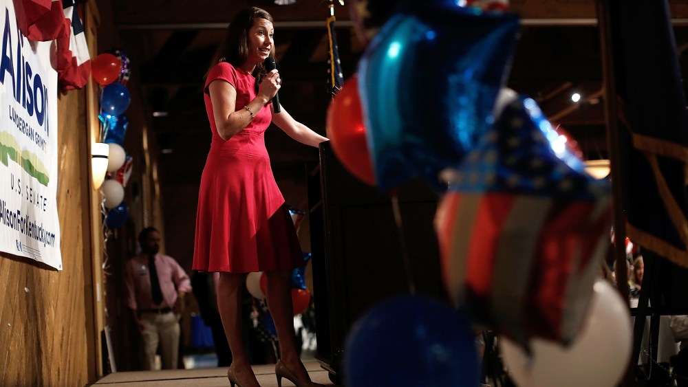 Kentucky's Democratic U.S. Senate nominee, and Kentucky Secretary of State, Alison Lundergan Grimes speaks at the Marshall County Democratic Bean Supper on Aug. 1, 2014 in Gilbertsville, Ky. (Photo by Win McNamee/Getty)