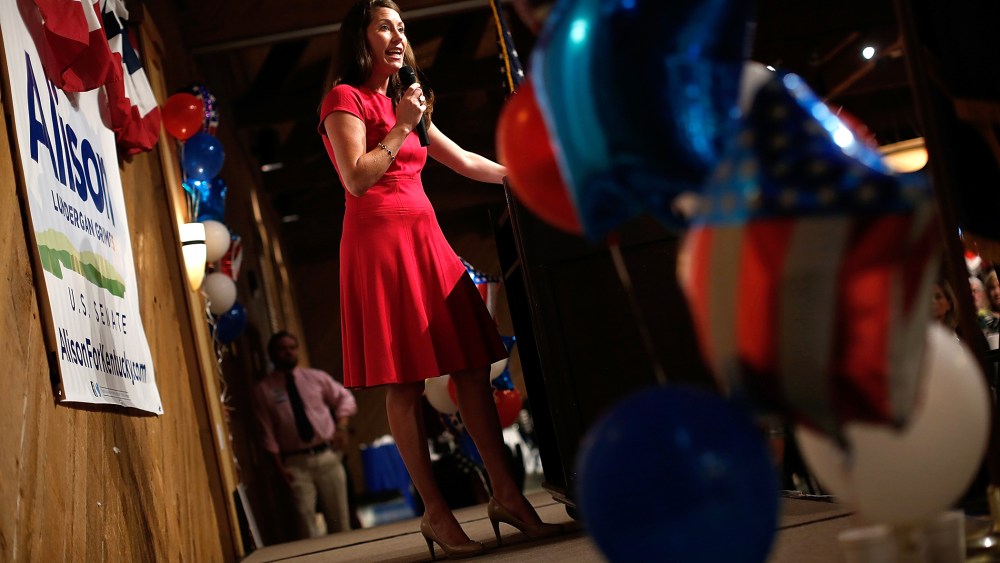 Kentucky's Democratic U.S. Senate nominee, and Kentucky Secretary of State, Alison Lundergan Grimes speaks at the Marshall County Democratic Bean Supper Aug. 1, 2014 in Gilbertsville, Ky.