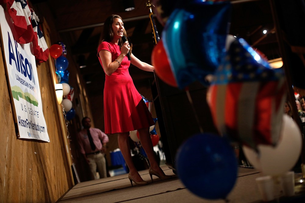 Kentucky's Democratic U.S. Senate nominee, and Kentucky Secretary of State, Alison Lundergan Grimes speaks at the Marshall County Democratic Bean Supper Aug. 1, 2014 in Gilbertsville, Ky.