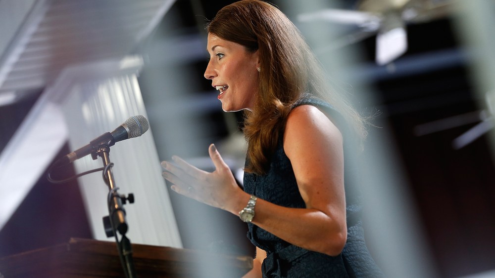 Kentucky's Democratic U.S. Senate nominee, and Kentucky Secretary of State, Alison Lundergan Grimes speaks at the Fancy Farm picnic Aug. 2, 2014 in Fancy Farm, Ky.
