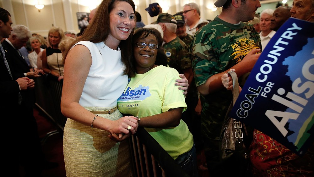 U.S. Senate Democratic candidate and Kentucky Secretary of State Alison Lundergan Grimes greets supporters following an event on Aug. 6, 2014 in Hazard, Ky.