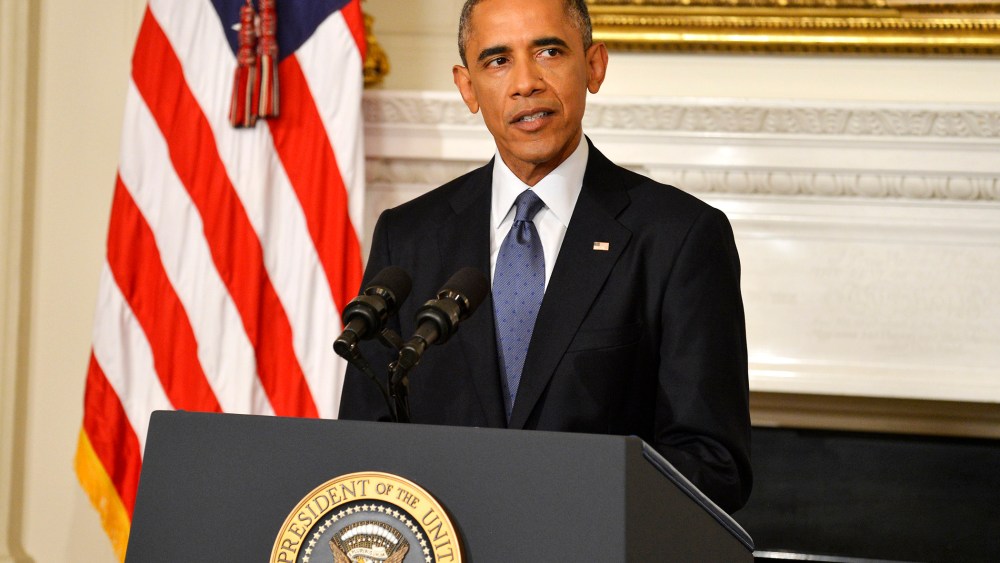 U.S. President Barack Obama addresses the nation from the State Dining Room of the White House on August 7, 2014 in Washington, DC.