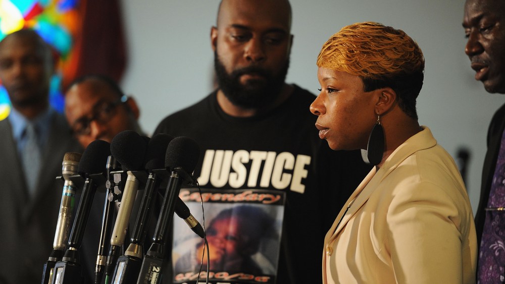 Lesley McSpadden, mother of slain 18 year-old Michael Brown speaks during a press conference at Jennings Mason Temple Church of God In Christ, on August 11, 2014 in Jennings, Missouri.