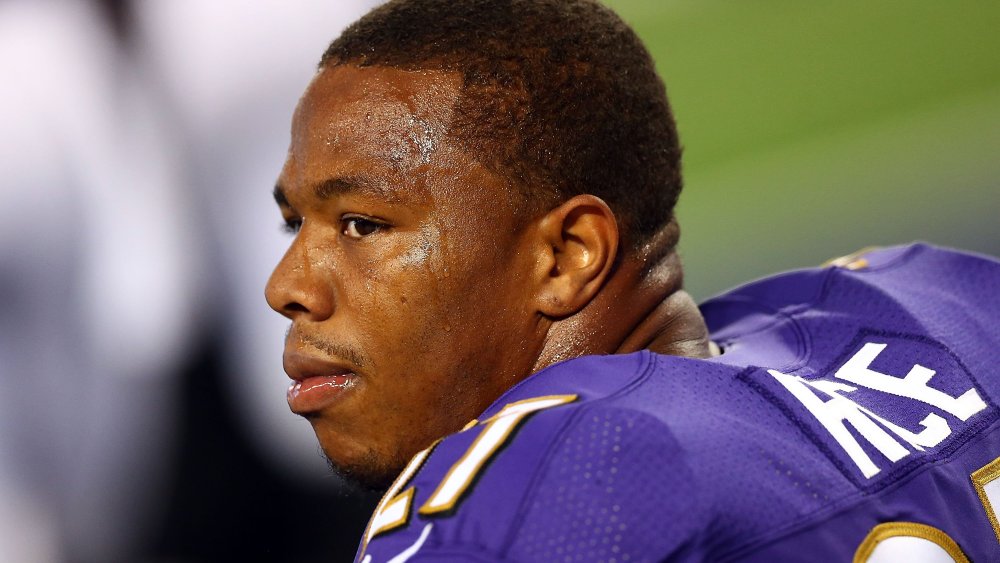 Ray Rice of the Baltimore Ravens sits on the bench against the Dallas Cowboys in the first half of their preseason game on August 16, 2014 in Arlington, Texas.