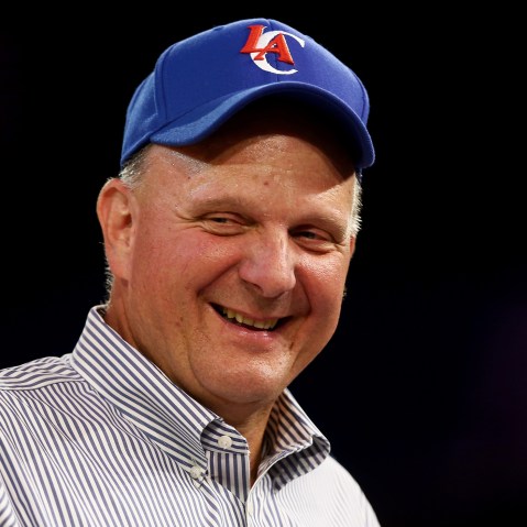 New owner of the Los Angeles Clippers Steve Ballmer looks on after being introduced for the first time during Los Angeles Clippers Fan Festival at Staples Center on Aug. 18, 2014 in Los Angeles, Calif. (Photo by Jeff Gross/Getty)