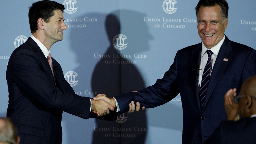 Mitt Romney Interviews Former Running Mate Paul Ryan In Chicago (Photo by John Gress/Getty)