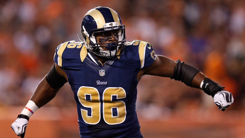 Michael Sam of the St. Louis Rams reacts during a game against the Cleveland Browns on August 23, 2014.