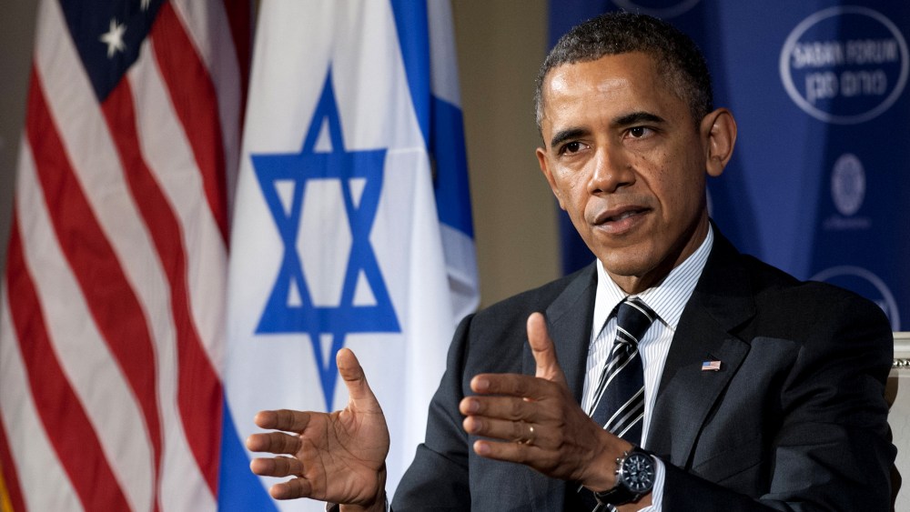 President Barack Obama speaks about Iran, US and Israel relations in the Middle East at the 10th Anniversary Saban Forum hosted by the Saban Center for Middle East Policy at Brookings Institution in Washington, DC, on Dec. 7, 2013.