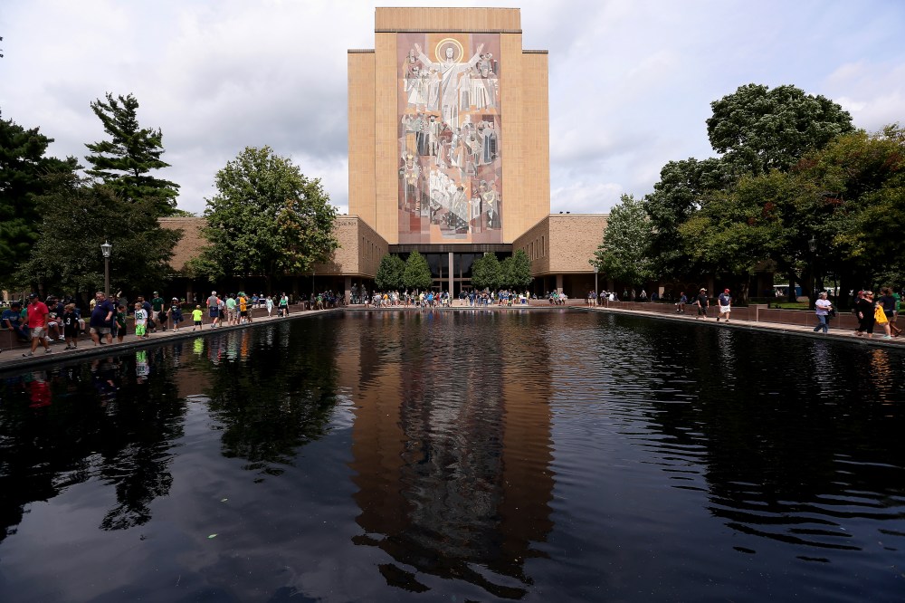The mural at the Hesburgh Library, commonly known as "Touchdown Jesus" is seen on the campus of Notre Dame University on Aug. 30, 2014 in South Bend, Ind. (Photo by Jonathan Daniel/Getty)