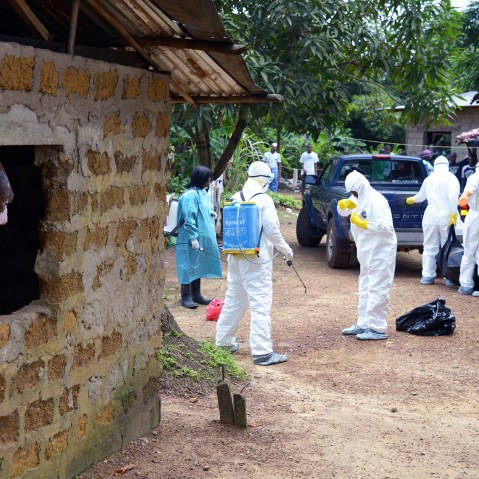 A neighbor of an Ebola virus victim looks at medical workers of the Liberian Red Cross carry his body on Sept. 4, 2014 in the small city of Banjol, 30 kilometres of Monrovia, Libera.