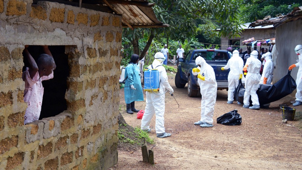 A neighbor of an Ebola virus victim looks at medical workers of the Liberian Red Cross carry his body on Sept. 4, 2014 in the small city of Banjol, 30 kilometres of Monrovia, Libera.