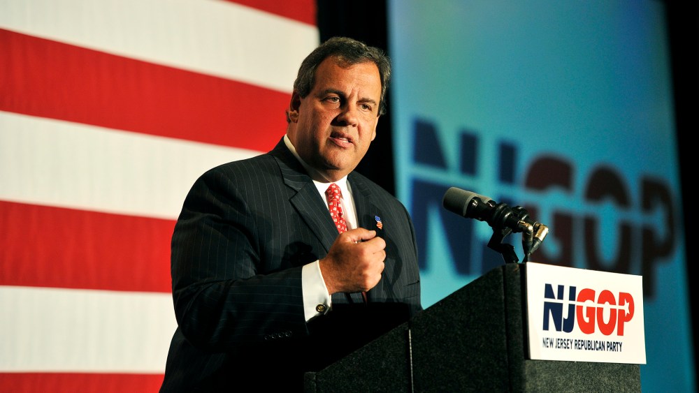 Gov. Chris Christie (R-NJ)  addresses the audience during a celebration on September 10, 2014.