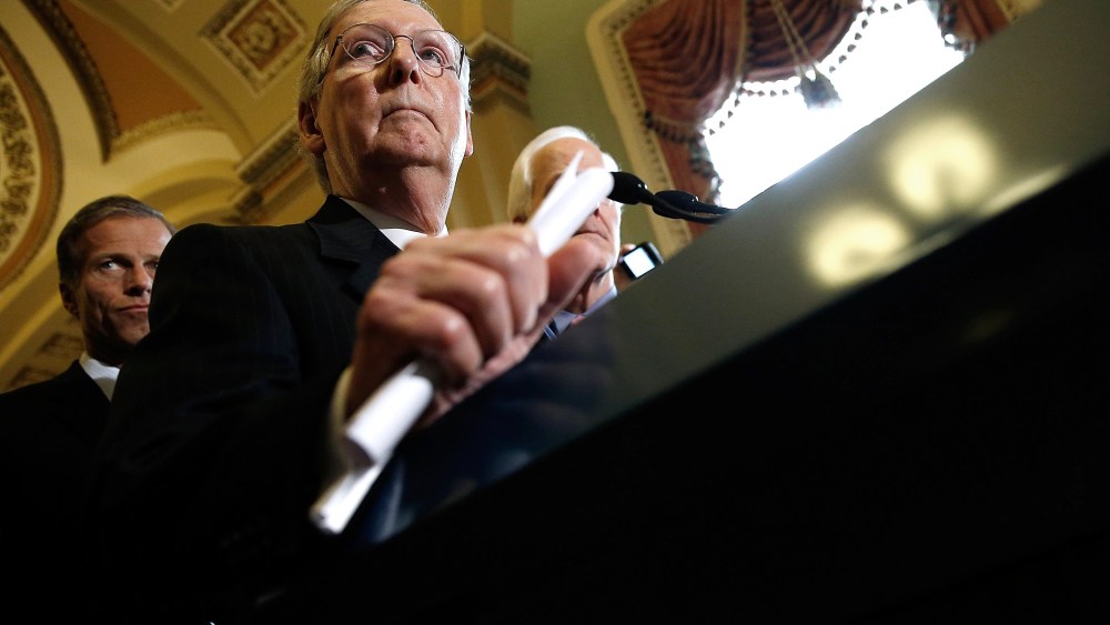 Senate Minority Leader Mitch McConnell (R-KY) answers questions at the U.S. Capitol on Sept.16, 2014 in Washington, DC. Photo by Win McNamee/Getty