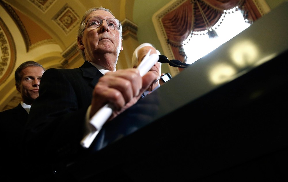 Senate Minority Leader Mitch McConnell (R-KY) answers questions at the U.S. Capitol on Sept.16, 2014 in Washington, DC. Photo by Win McNamee/Getty