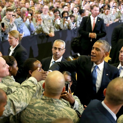U.S. President Barack Obama greets soldiers during a visit to the U.S. Central Command at the MacDill Air Force Base on Sept. 17, 2014 in Tampa, Fla. (Photo by Joe Raedle/Getty)