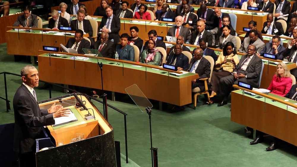 President Barack Obama speaks at the 69th Session of the United Nations General Assembly at United Nations Headquarters on September 24, 2014 in New York City.