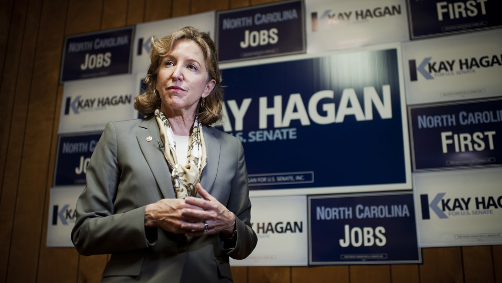 Sen. Kay Hagan, D-N.C., speaks with reporters during an event with volunteers and supporters at a campaign office in Statesville, N.C., September 24, 2014.