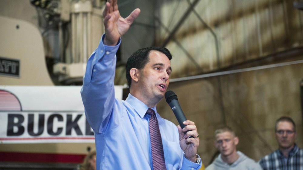 Wisconsin Gov. Scott Walker speaks at Empire Bucket on Sept. 29, 2014 in Hudson, Wisc.