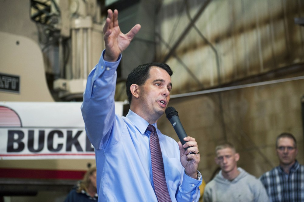 Wisconsin Gov. Scott Walker speaks at Empire Bucket on Sept. 29, 2014 in Hudson, Wisc.