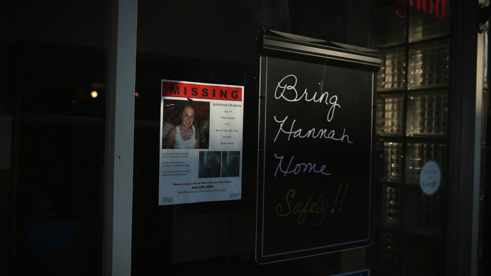 A flyer about the missing of Hannah Graham is seen Oct. 2, 2014 in Charlottesville, Va. (Photo by Alex Wong/Getty)