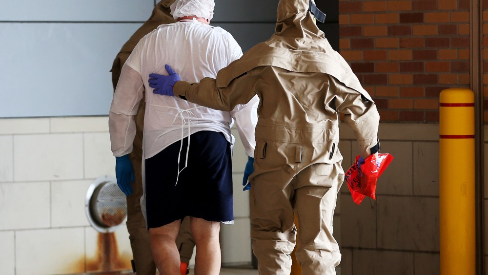A possible Ebola patient is brought to the Texas Health Presbyterian Hospital on October 8, 2014 in Dallas, Texas.