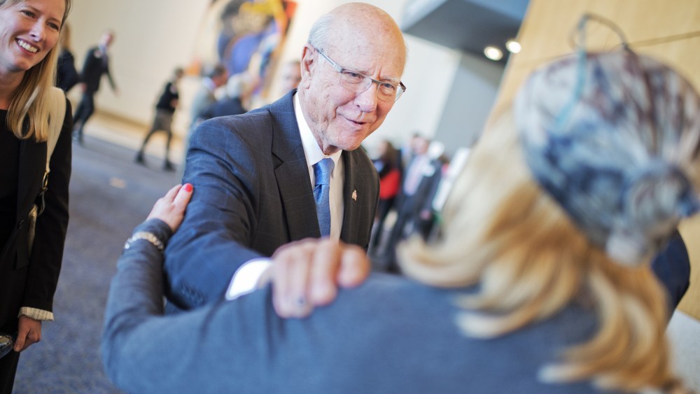 Sen. Pat Roberts, R-Kan., greets guests before a debate with Greg Orman, at the convention center in Overland Park, Kan., October 8, 2014.