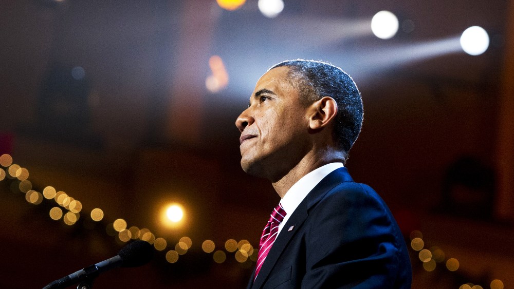 US President Barack Obama speaks during a taping of TNT's Christmas in Washington, Dec. 15, 2013.