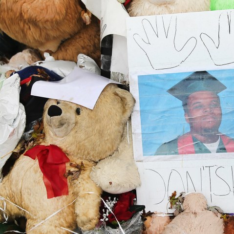A makeshift memorial sits near the spot where 18-year-old Michael Brown was shot and killed by a police officer, Oct. 10, 2014 in Ferguson, Mo. (Scott Olson/Getty)