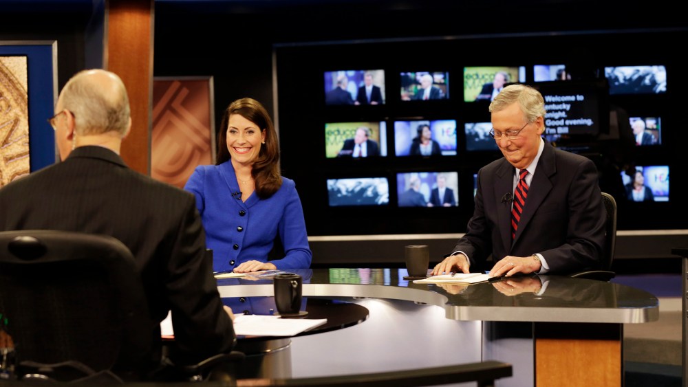 Minority Leader U.S. Sen. Mitch McConnell (R) and Kentucky Secretary of State Alison Lundergan Grimes (D) rehearse before their debate on October 13, 2014 in Lexington, Ky. (Photo by Pablo Alcala/Pool/Getty)