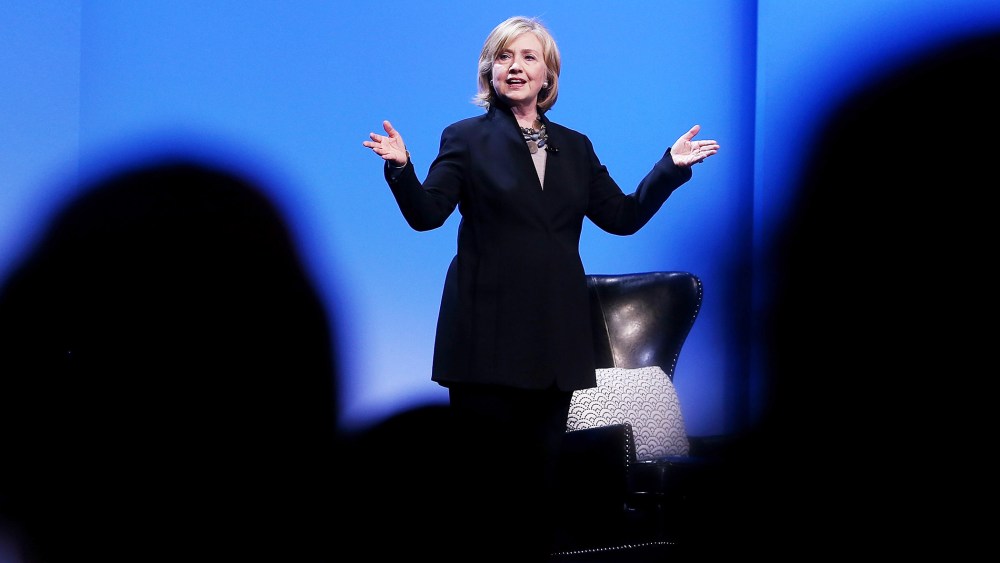 Former U.S. Secretary of State Hillary Clinton delivers a keynote address during the 2014 DreamForce conference on Oct. 14, 2014 in San Francisco, Calif. (Photo by Justin Sullivan/Getty)