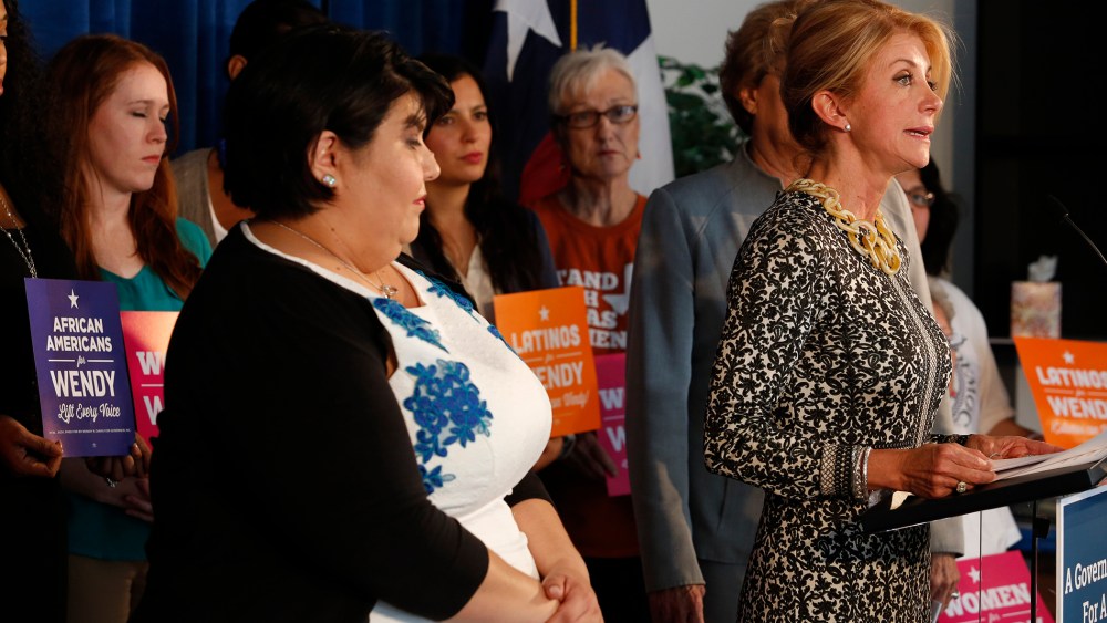 Gubernatorial Democratic candidate and Texas State Senator Wendy Davis speaks about a recent Supreme Court ruling on easing HB2, a Texas state abortion law, on Oct. 16, 2014. (Eric Kayne/Getty)