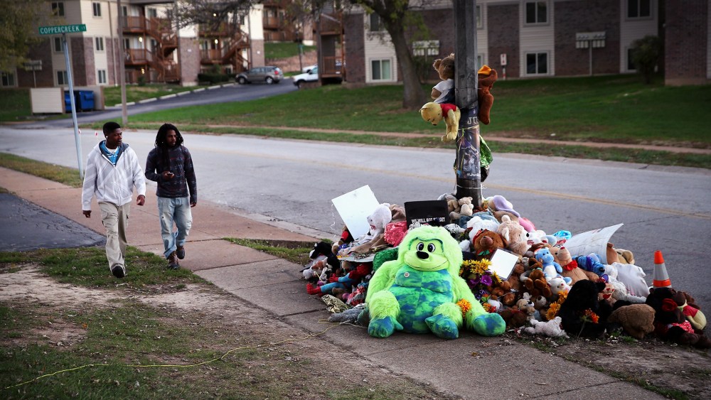 A memorial for 18-year-old Michael Brown remains on Canfield Street on Oct. 20, 2014 in Ferguson, Mo.