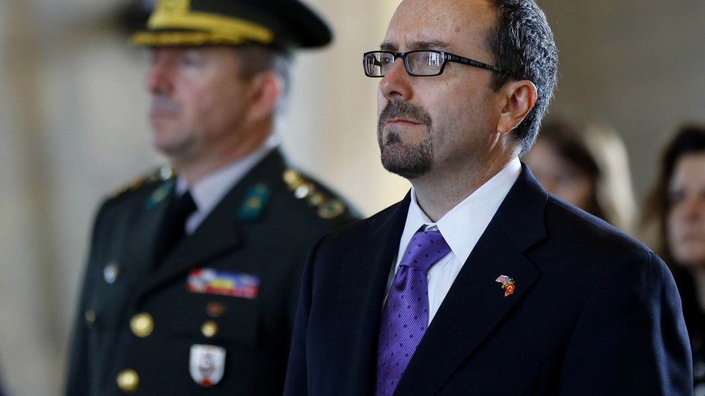 The new US ambassador to Turkey John Bass stands in silence as he visits Anitkabir, Ataturk's mausoleum, on Oct. 21, 2014 in Ankara, Turkey. (Photo by Murat Kaynak/Anadolu Agency/Getty)