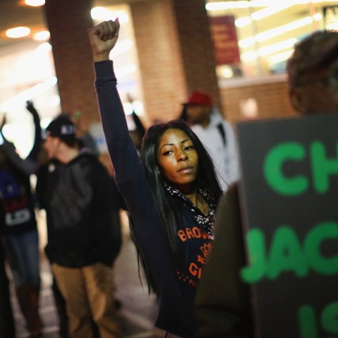 Demonstrators face off with police as protests continue in the wake of 18-year-old Michael Brown's death on Oct. 22, 2014 in Ferguson, Mo.