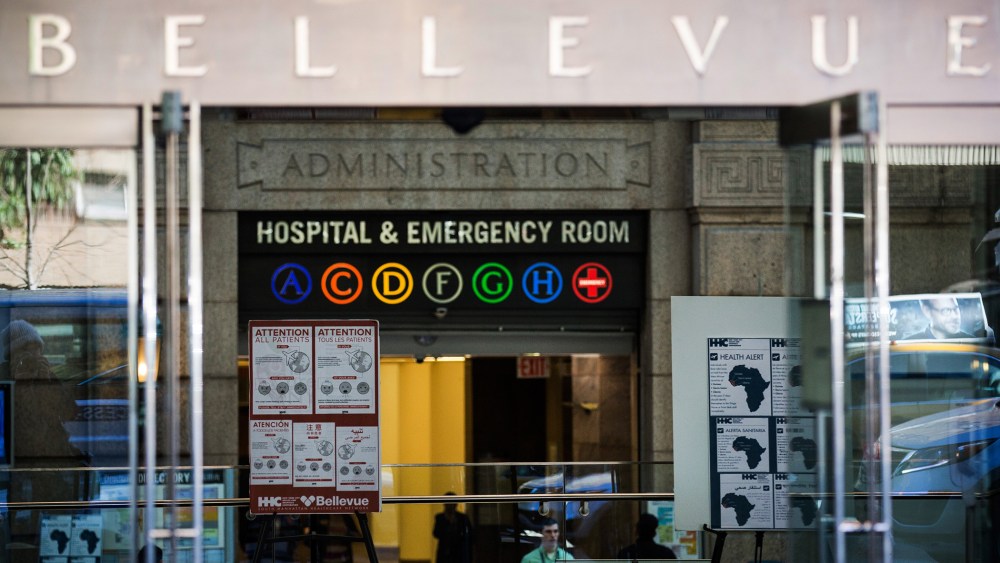 Signs regarding the ebola outbreak and treatment are posted at the entrance to Bellevue Hospital on Oct. 27, 2014 in New York, N.Y. (Photo by Andrew Burton/Getty)